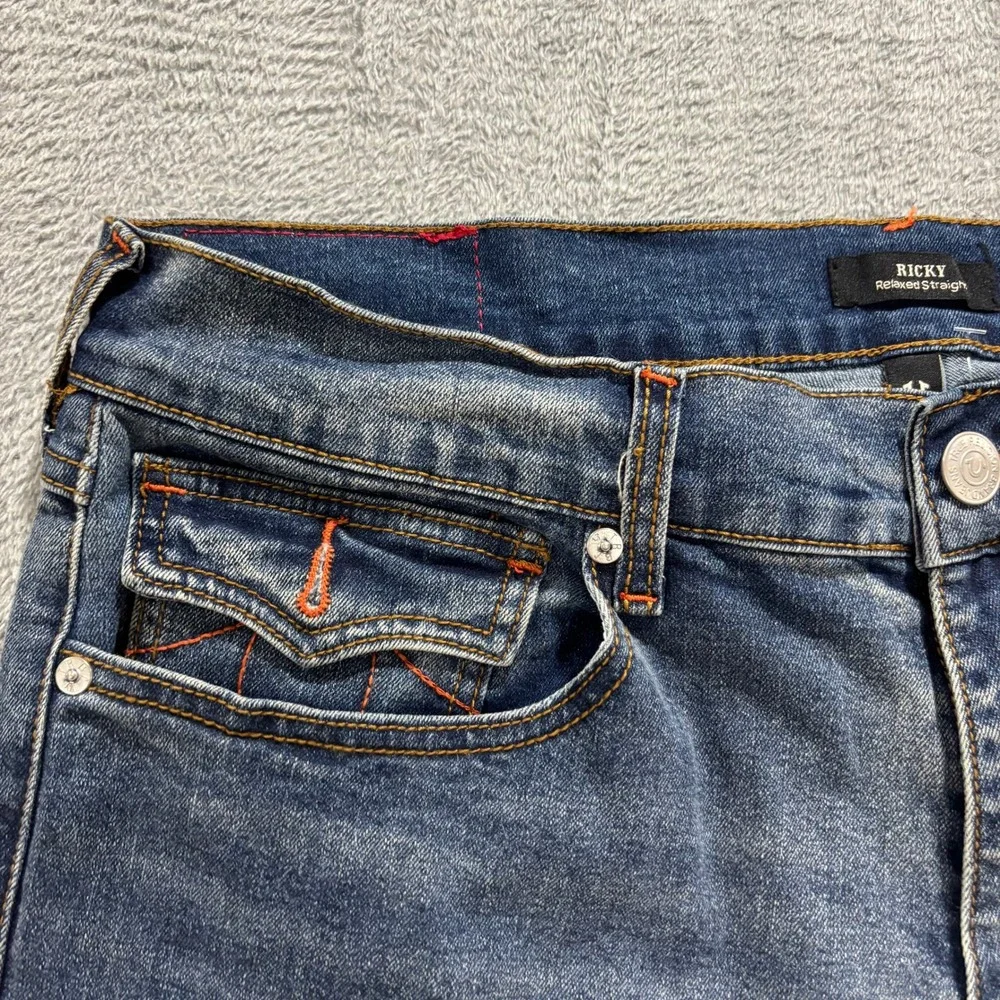 True Religion Ricky Mens 34x34 Blue Relaxed Straight Jeans Flap Pocket Denim Y2K